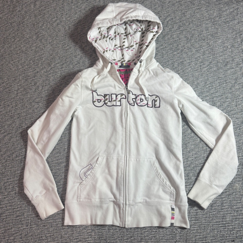 Burton Womens White Full Zip Hoodie Embroidered Logo Sweatshirt Size Small
